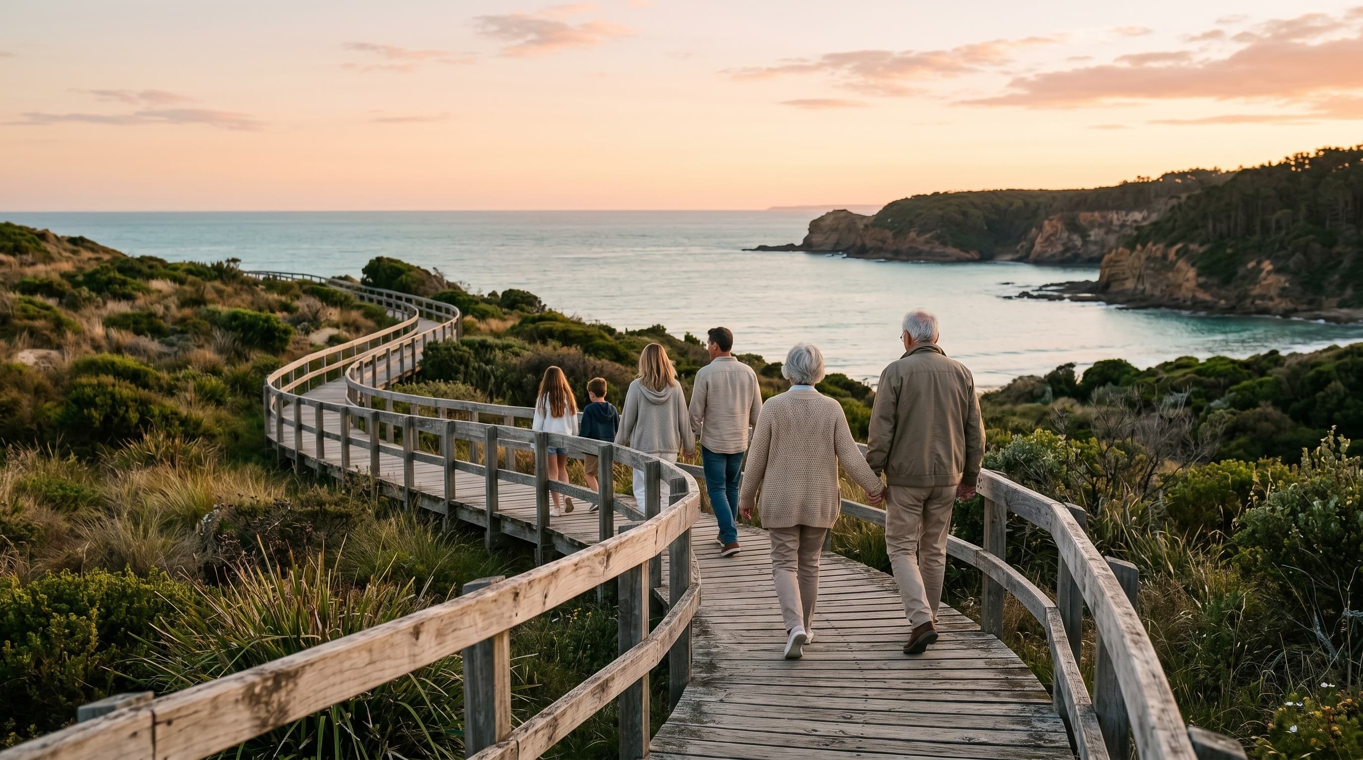 A multigenerational family walking together along a coastal boardwalk at sunset